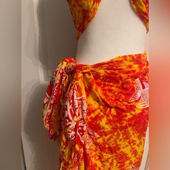 Bikini Top & Long Sarong Wrap Skirt, One Size, Orange, White & Yellow Color, EUC - Picture 5 of 10